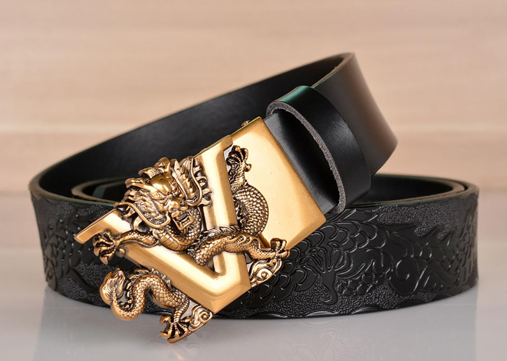 Mens Ratchet Leather Belt, Genuine Leather belts, Engraved Vintage Dragon Eagle Tiger Buckle, Business leisure belt