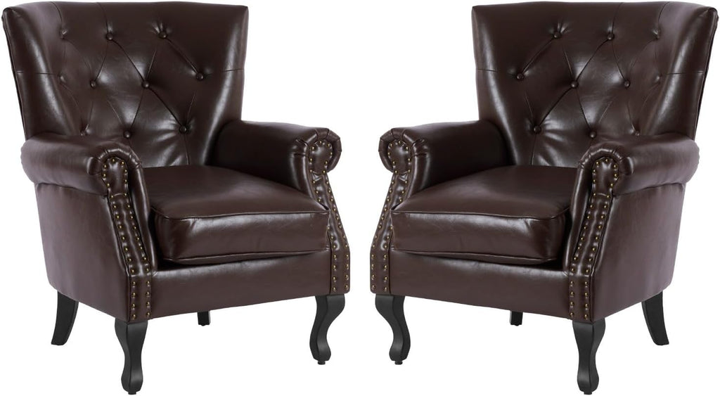 MOJAY PU Leather Accent Chair Set of 2, Modern Armchair Living Room Chair, Upholstered Club Chair with Rivet Trim, Mid-Century Sofa Chair with Sturdy Wood Legs for Bedroom (Caramel)