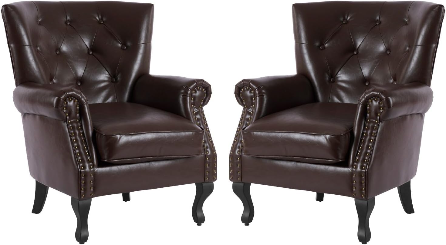 MOJAY PU Leather Accent Chair Set of 2, Modern Armchair Living Room Chair, Upholstered Club Chair with Rivet Trim, Mid-Century Sofa Chair with Sturdy Wood Legs for Bedroom (Caramel)
