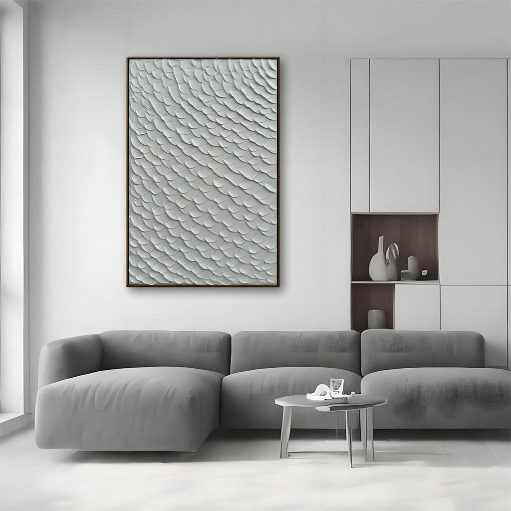Slyart White Textured Wall Art, Handmade Mermaid Painting Framed Artwork, 3D Vertical Canvas Abstract White Wall Art 24'*36'