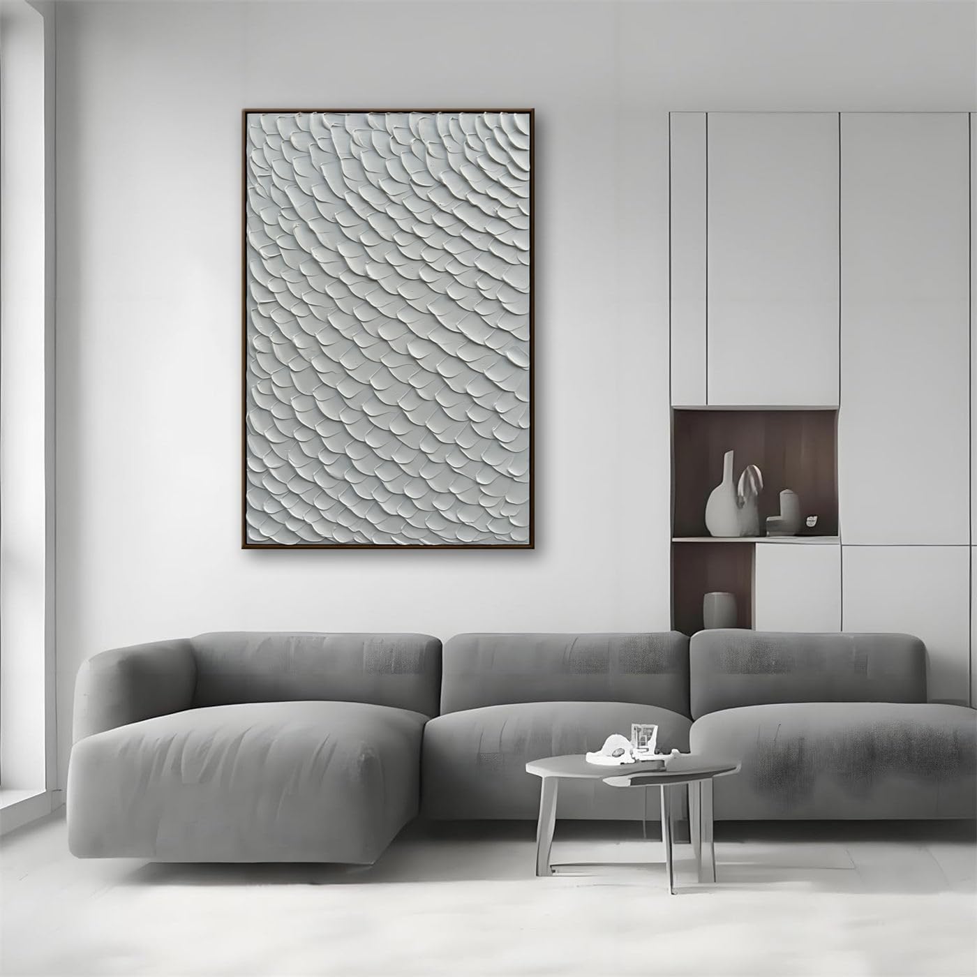 Slyart White Textured Wall Art, Handmade Mermaid Painting Framed Artwork, 3D Vertical Canvas Abstract White Wall Art 24'*36'