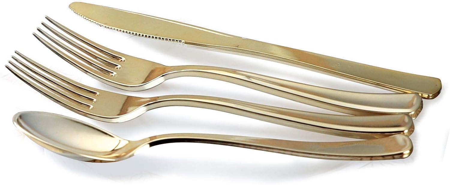 ' OCCASIONS ' 960 Piece set (120 Guests)-Heavyweight Wedding Party Disposable Plastic Plate Set - 120 x 10.5'' + 120 x 8'' + Silverware + Cups + Napkins (Imperial in Blush Pink & Gold)