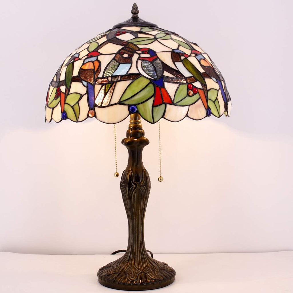 WERFACTORY Tiffany Table Lamp Colorful Stained Glass Birds Bedside Lamp 16X16X24 Inches Desk Reading Light Metal Base Decor Bedroom Living Room Home Office S805 Series