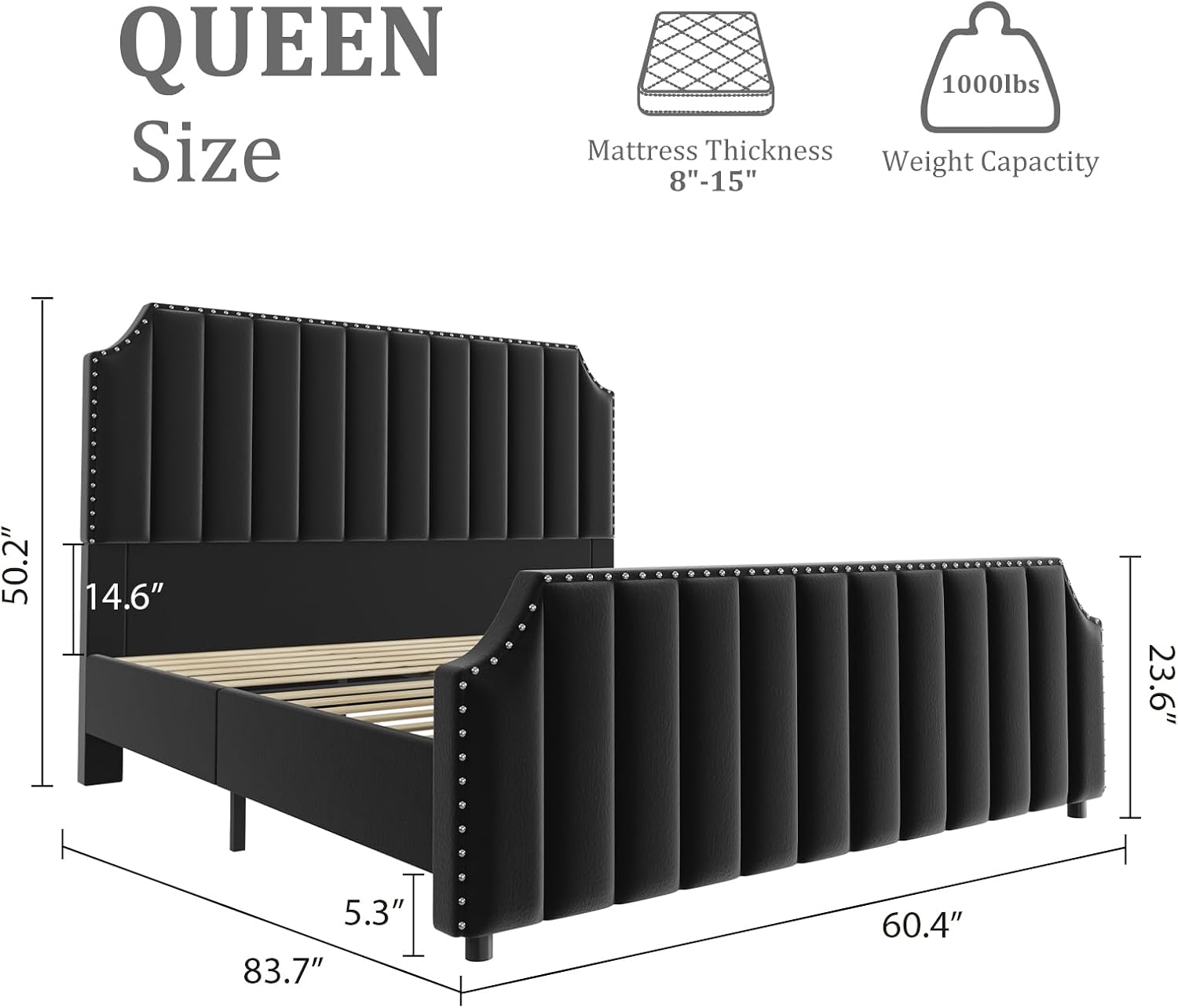 Queen Size Bed Frame, Platform Bed Frame with Velvet Upholstered 50.2'' Headboard, Rivet Decoration, Strong Wooden Slats, No Box Spring Needed, Easy Assembly, Black
