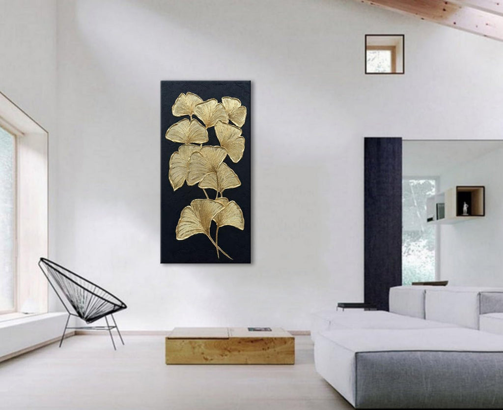 Slyart Large Gold Gingko Paintings Vertical Textured Wall Art, Gold and Black 3D Abstract Oil Painting on Canvas Wall Art Ready to Hang