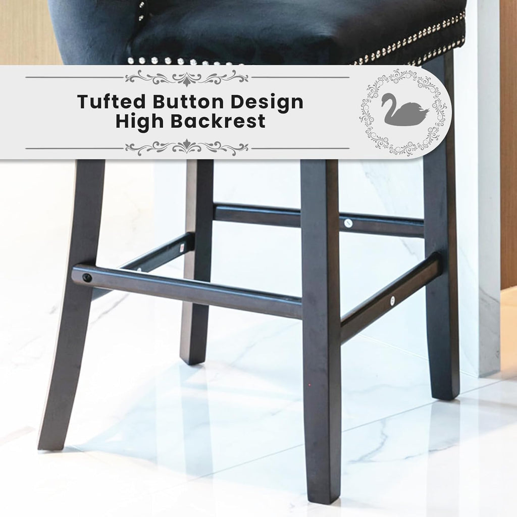 Elegant Black Velvet Bar Stools Set of 4,Delicate Upholstered Counter Height Barstool with Backrest,Wooden Legs Design for Kitchen Islands & Pubs（Black