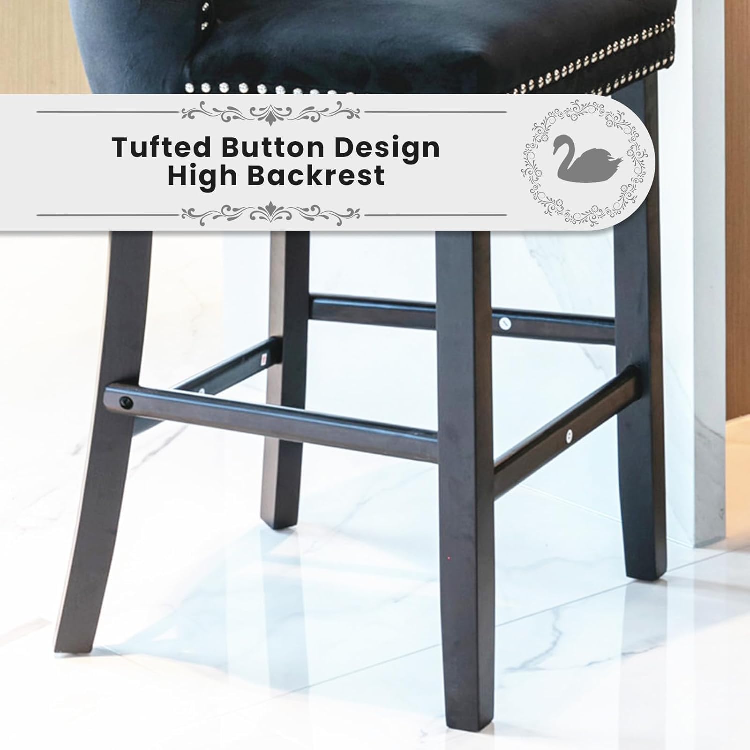 Elegant Black Velvet Bar Stools Set of 4,Delicate Upholstered Counter Height Barstool with Backrest,Wooden Legs Design for Kitchen Islands & Pubs（Black