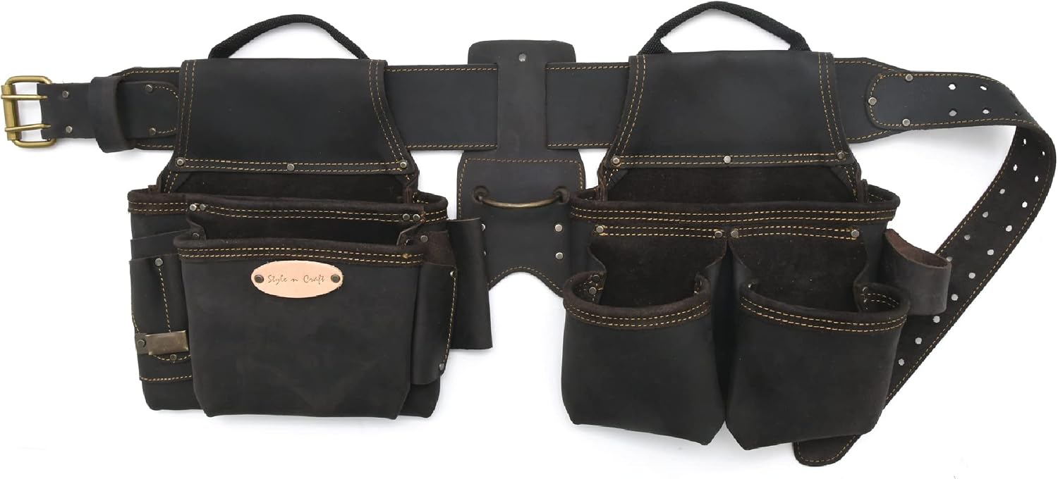 Style n Craft 4-Piece and 17-Pocket Pro Framer's Combo, Tool Belt with 2 Tool Pouches and 1 Hammer Holder, Full-Grain Oiled Leather Tool Belt, Dark Brown (90429)