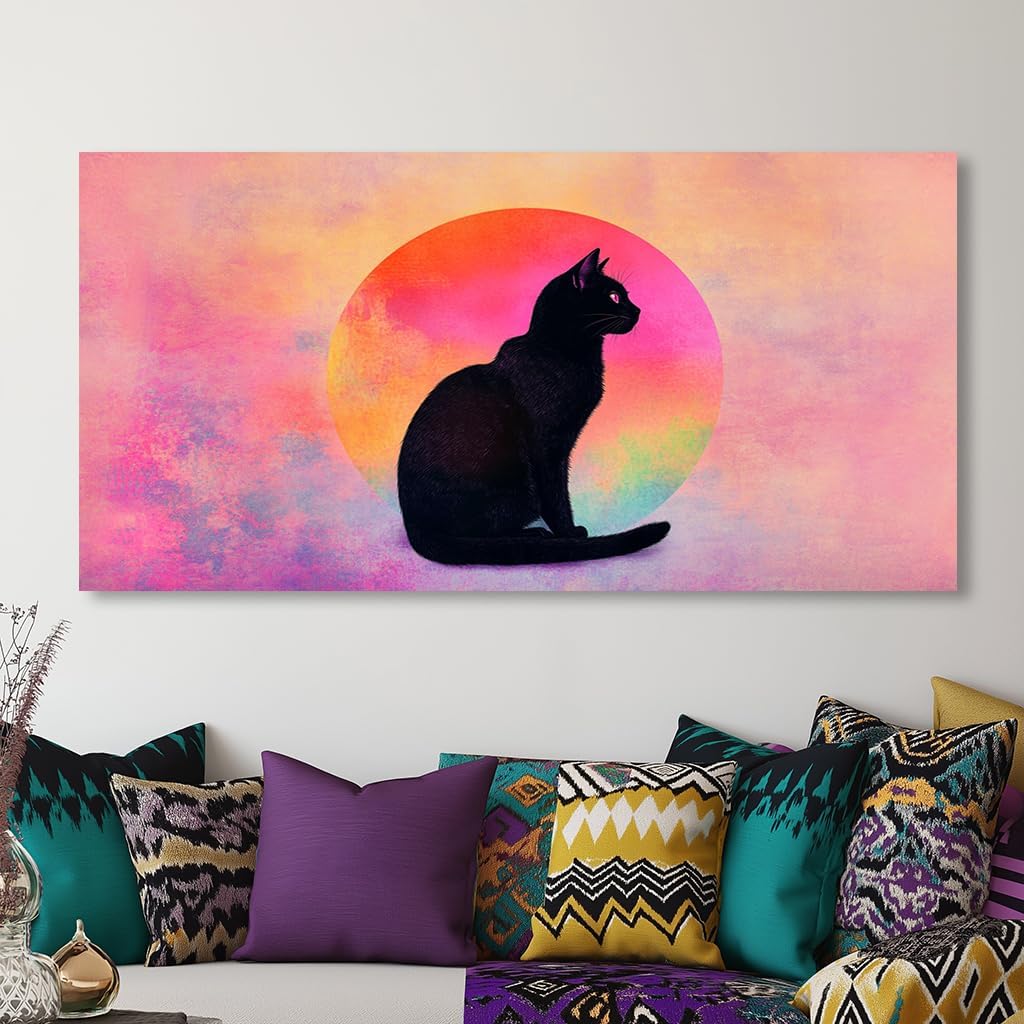 Black Cat Canvas Wall Art - Pink & Purple Sunset Landscape Painting with Silhouette Cat, Cute Retro Cartoon Cat Poster Painting Abstract Animal Wall Décor for Living Room Kid's Girls Bedroom Nursery Ready to Hang 30L x 16W (30x60 Inches)