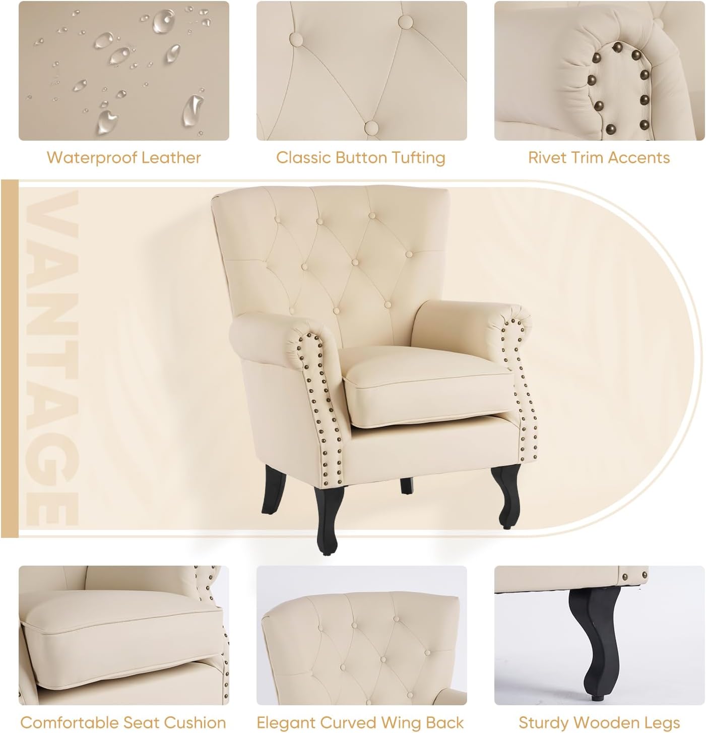 MOJAY PU Leather Accent Chair, Mid-Century Modern Armchair Living Room Club Chair with Tufted Button & Rivet Trim, Upholstered Sofa Chair with Sturdy Wood Legs for Bedroom (Ivory White)