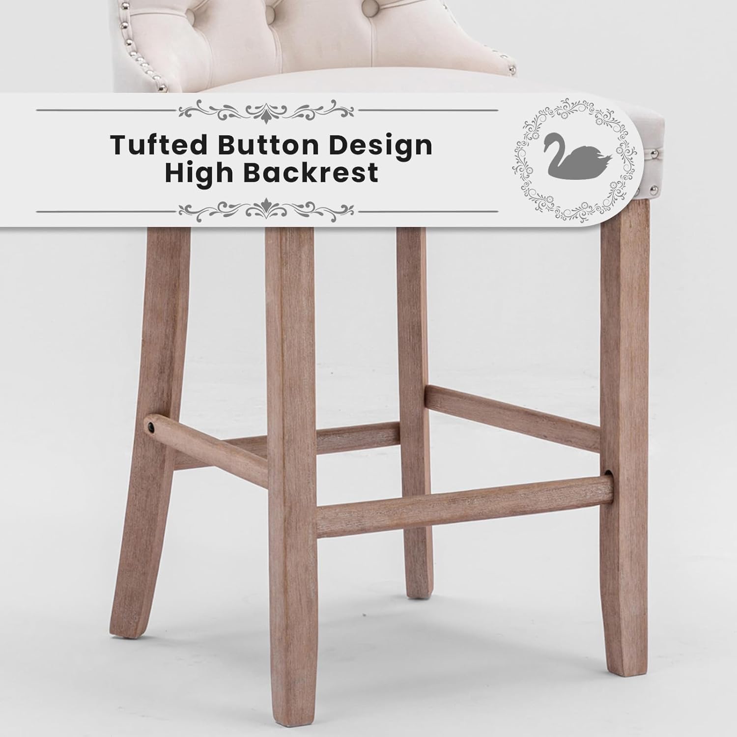Elegant Velvet Bar Stools Set of 2,Delicate Upholstered Counter Height Barstool with Backrest,Wooden Legs Design for Kitchen Islands & Pubs（ Beige ）