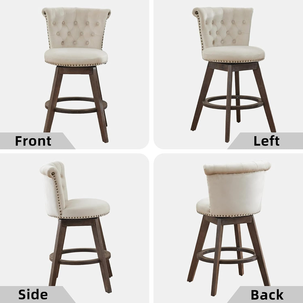 Velvet Bar Stools Set of 2, Modern Swivel Counter Height Stools, Upholstered Kitchen Island Chairs with Button Tufted Back, Rivet Trim, Solid Wood Legs, 25' H Seat, Beige