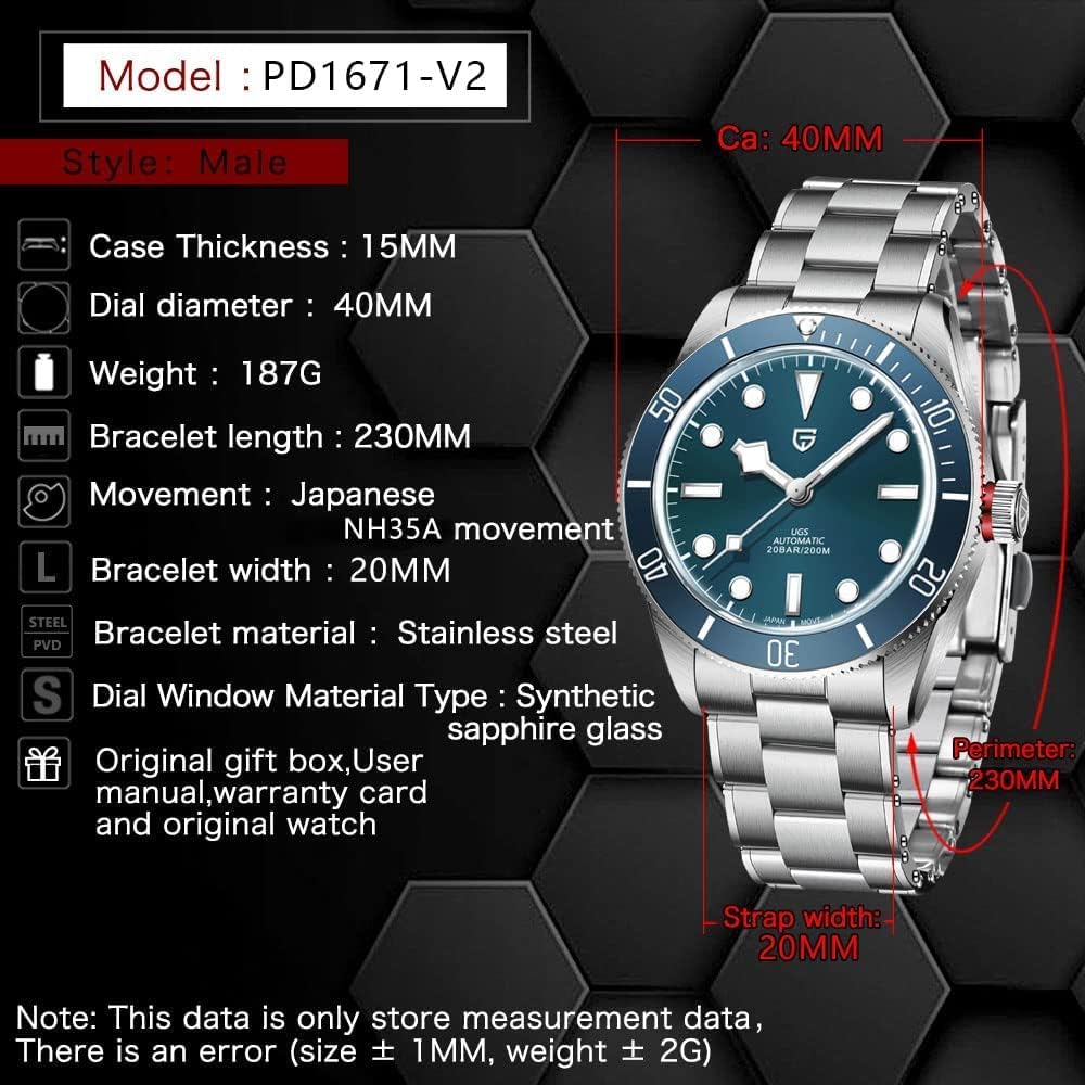 HaiQin Pagani Design 1671 V2 Classic Men's Automatic Watches Japanese NH35A Self-Winding Movement 100M Waterproof Mechanical Watch, Stainless Steel Aluminum Bezel Fashion Business Luminous Watch Date