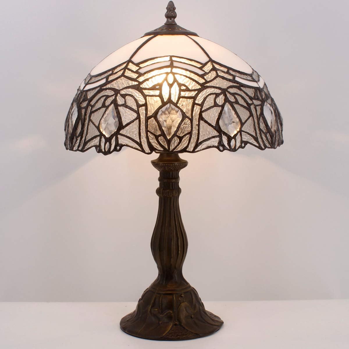 WERFACTORY Tiffany Lamp White Bent Stained Glass Bedside Table Lamp Desk Reading Light 12X12X18 Inches Decor Bedroom Living Room Home Office S508W Series