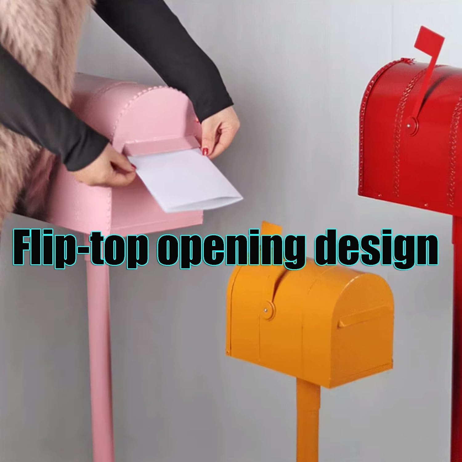 Handmade Iron Mailbox Outdoor Rainproof Mailboxes Flip-top Send Opening Full-Open Door Design Vertical Parcel Boxes with Rod