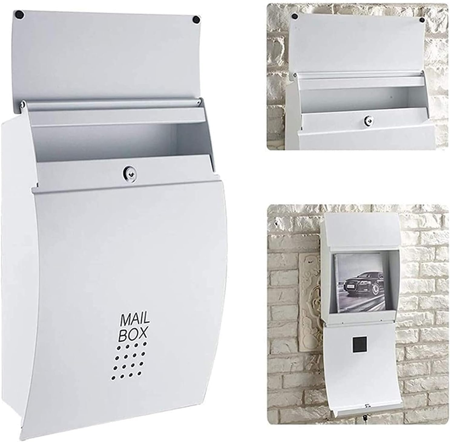 Wall-Mount Mailboxes Modern Villa Metal Mail Box ，Outdoor Rainproof Wall-Mounted Mailbox Household Large Magazine Postbox with Lock and Keys (Color : White, Size : 32 * 10.5 * 45.5cm)