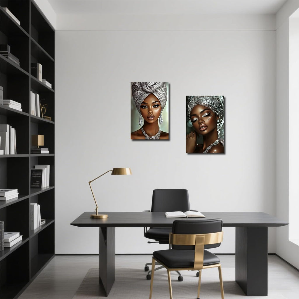 LZIMU African American Pictures Wall Art 2 Pieces Black Girl Painting Abstract Black Woman Portrait Canvas Prints Black Art Wall Decor Framed (Silver, 24x36inchx2 Pieces)