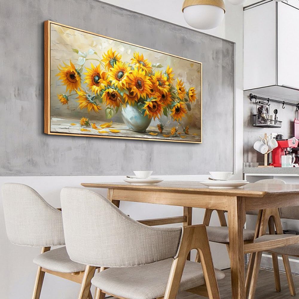 PHAOHUAXM Large Canvas Wall Decor For Living Room Wall Art Vintage Printing Yellow Flower Paintings Dining Room Bedroom Bathroom Kitchen Wall Painting Home Decor Wood Frame Ready To Hang 24x48 In