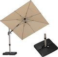 PURPLE LEAF 8' X 8' Left-right Tilting Patio Umbrella with Base Outdoor Swivel Cantilever Offset Aluminum Umbrella with Champagne Frame and 360-degree Rotation for Garden Deck Pool, Beige