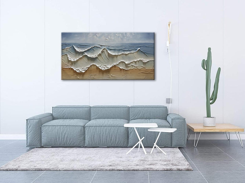 Slyart Abstract Blue Ocean Wave Wall Art, Textured Oil Painting on Canvas Relief Wall Art, 24' x 48' Abstract Modern Sea Artwork Wall, Neutral Wall Decor