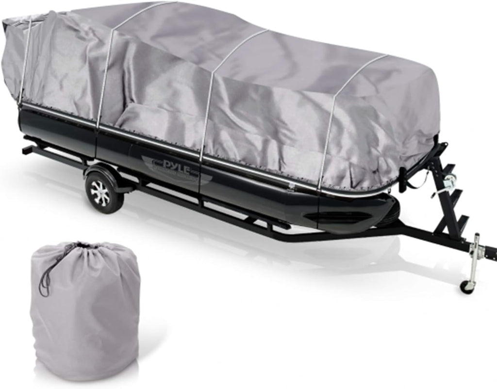 Pyle Universal Boat Adjustable Storage Cover - 25'-28'L to 96' Pontoon Boats Protection Custom Heavy Duty Waterproof Polyester Fabric, Snap Strap, Elastic Cord, Bag