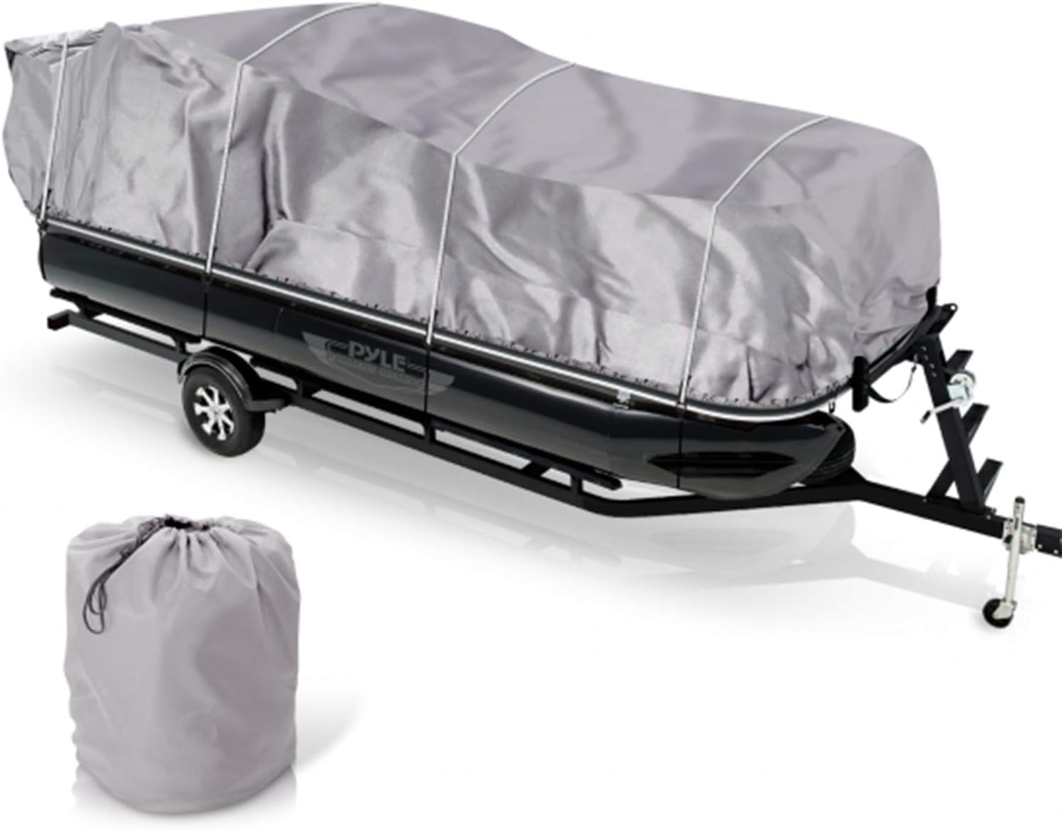 Pyle Universal Boat Adjustable Storage Cover - 25'-28'L to 96' Pontoon Boats Protection Custom Heavy Duty Waterproof Polyester Fabric, Snap Strap, Elastic Cord, Bag