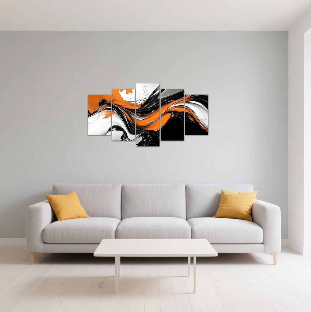 CXHOSTENT Orange Abstract Wall Art 5 Panel Orange Grey Black Painting Canvas Prints Large Artwork for Bedroom Living Room Office Decor Framed (White, 16x24inx2 16x32inx2 16x40inx1)