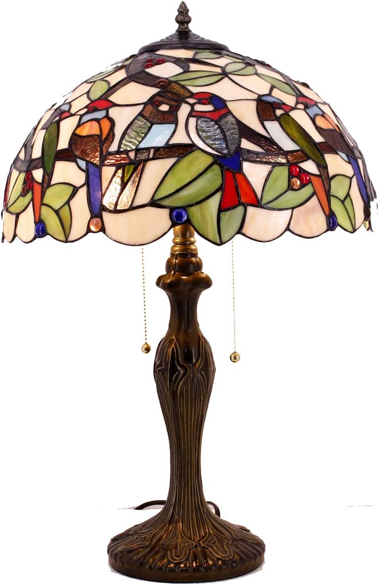 WERFACTORY Tiffany Table Lamp Colorful Stained Glass Birds Bedside Lamp 16X16X24 Inches Desk Reading Light Metal Base Decor Bedroom Living Room Home Office S805 Series