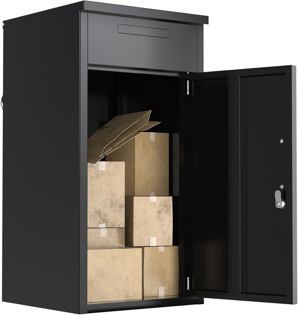 Package Delivery Box for Outside,Lockable Anti-Theft Parcel Drop Box with Mailbox Waterproof Weather Resistant Full Metal Frame (Black, 38.3'x17'x16', Flip-Top)