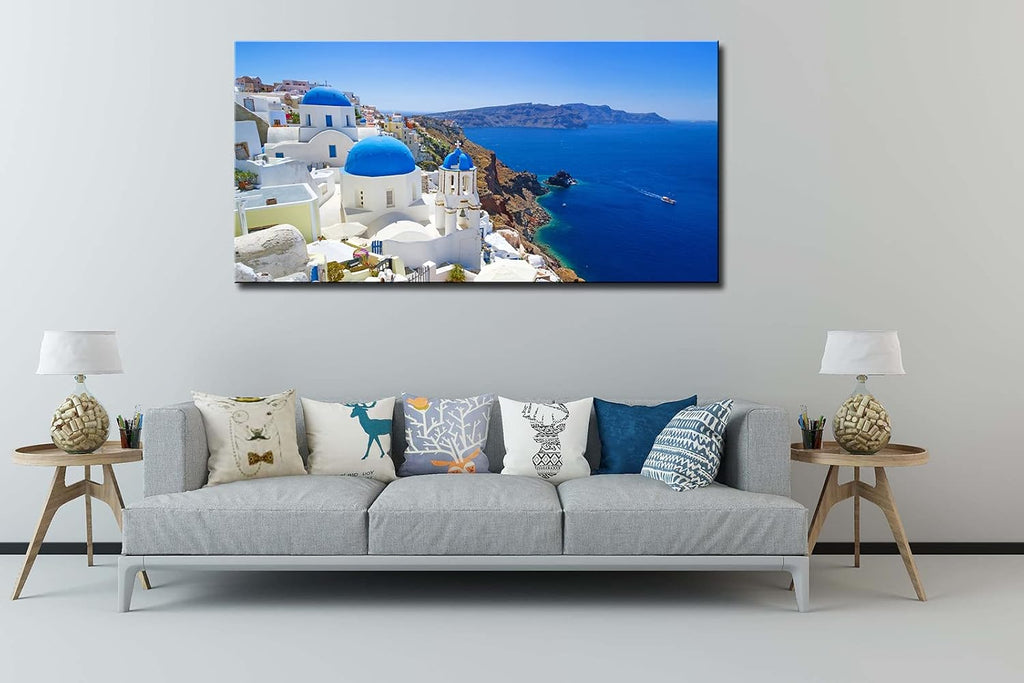 OKEXCKK Large Canvas Print Wall Art Santorini in Greece Painting Wall Decor, Blue Coastal Landscape Coastal Artwork Seascape Pictures for Living Room, Bedroom, Office Decoration - 29'x58'