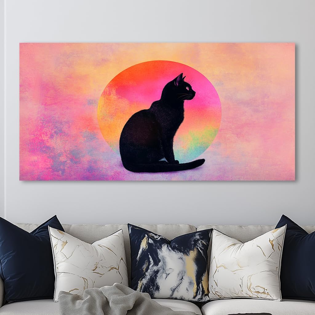 Black Cat Canvas Wall Art - Pink & Purple Sunset Landscape Painting with Silhouette Cat, Cute Retro Cartoon Cat Poster Painting Abstract Animal Wall Décor for Living Room Kid's Girls Bedroom Nursery Ready to Hang 30L x 16W (30x60 Inches)
