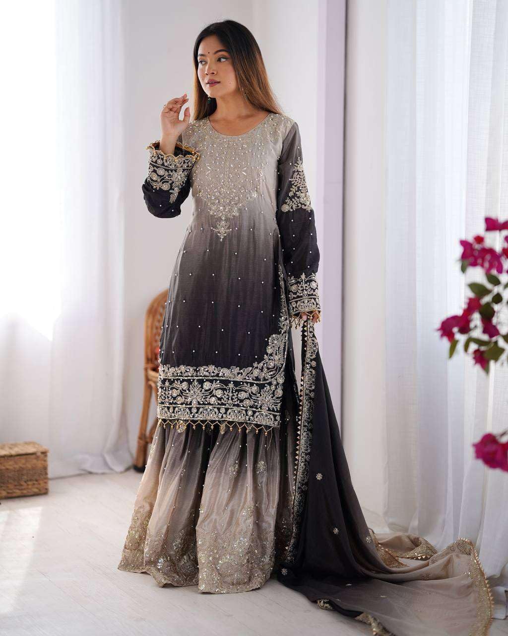 Flora Worlds Women's Chinon Silk Sequence With Rivet Moti Work Straight Kurta With Sharara and Dupatta Set