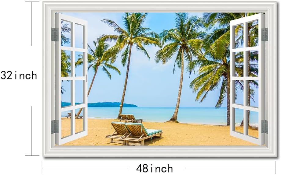 Beach Canvas Wall Art Picture for Living Room White Fake Window Frame Style Blue Tropical Palm Tree Art Print Ocean Wall Painting for Bedroom Extra Large Blue Seascape Theme Coastal Artwork for Home Office Basement Decorations32x48inch