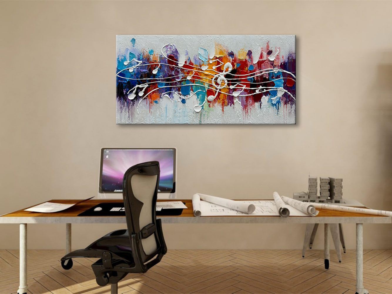 zoinart Colorful Music Symbol Oil Painting on Canvas, Abstract Art Thick Paint Texture Painting, Creative Pattern Wall Art, Modern Minimalist Living Room Deco