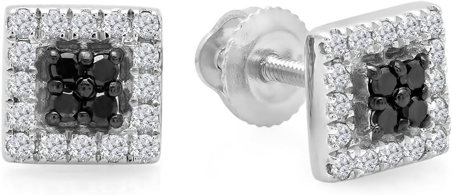 Dazzlingrock Collection 0.25 Carat (ctw) Round Black & White Diamond 6mm Square Shaped Hip Hop Iced Out Studs in 10K Solid White Gold, Screw Back, Unisex Design Ladies, Mens Round Diamond Earrings