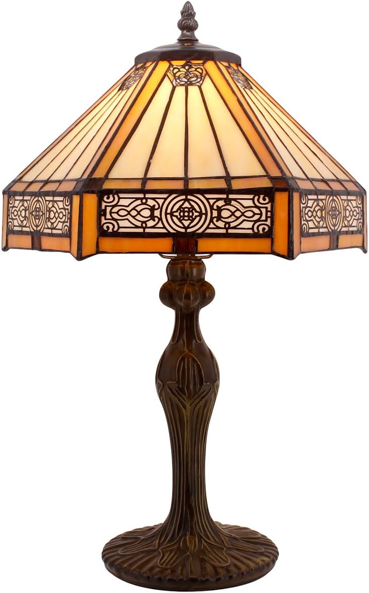 WERFACTORY Tiffany Lamp Yellow Hexagon Stained Glass Mission Style Table Lamp Desk Bedside Reading Light 12X10X18 Inches Decor Bedroom Living Room Home Office S011 Series