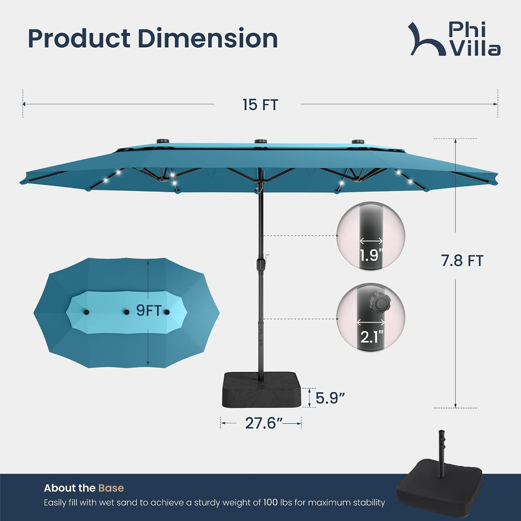 PHI VILLA 15ft 2-Tier Large Patio Umbrella with Solar Lights, Double-Sided Outdoor Market Rectangle Umbrellas with 36 LED Lights, Umbrella Base (Stand) Included, Blue&Cerulean