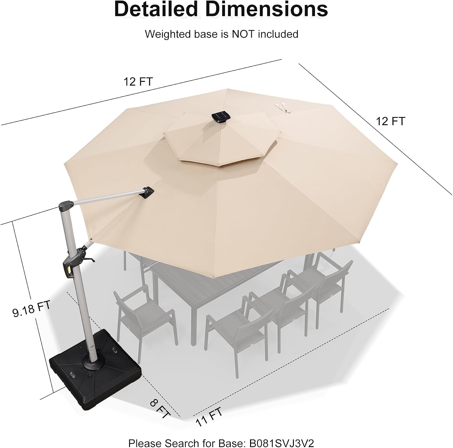 PURPLE LEAF 12ft Solar powered LED Patio Umbrella Outdoor Round Umbrellas Large Cantilever Umbrellas with LED lights Windproof Offset Umbrella Heavy Duty Sun Umbrella for Garden Deck Pool Patio, Beige