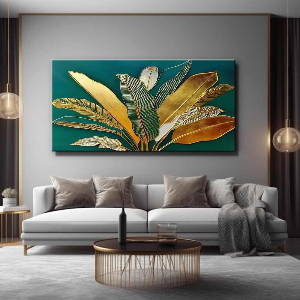 IDAFU Green Leaf Wall Art, Green and Gold Leaves Wall Painting, Emerald Green Tropical Botanical Décor Canvas Prints, Abstract Sage Boho Painting for Office Home Décor, Ready to Hang 60L x 30W