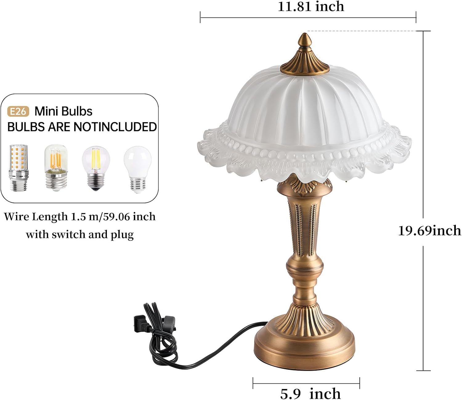 HDDFL Glass Shade Table Lamp 2 Lights Vintage Metal Desk Lamp with Plug Switch for Bedroom Living Room Home Office Brass and White