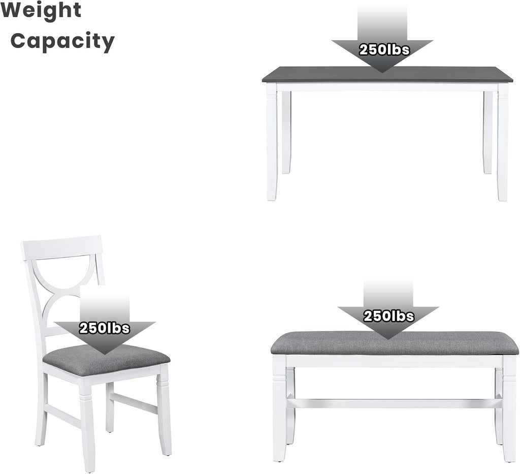 Farmhouse 6-Piece Dining Table Set, Wood Kitchen Dining Room Table Set with Upholstered Bench and 4 Dining Chairs, 60'' Rectangle Dining Table with Decoration Legs, Perfect for Family (White-K)