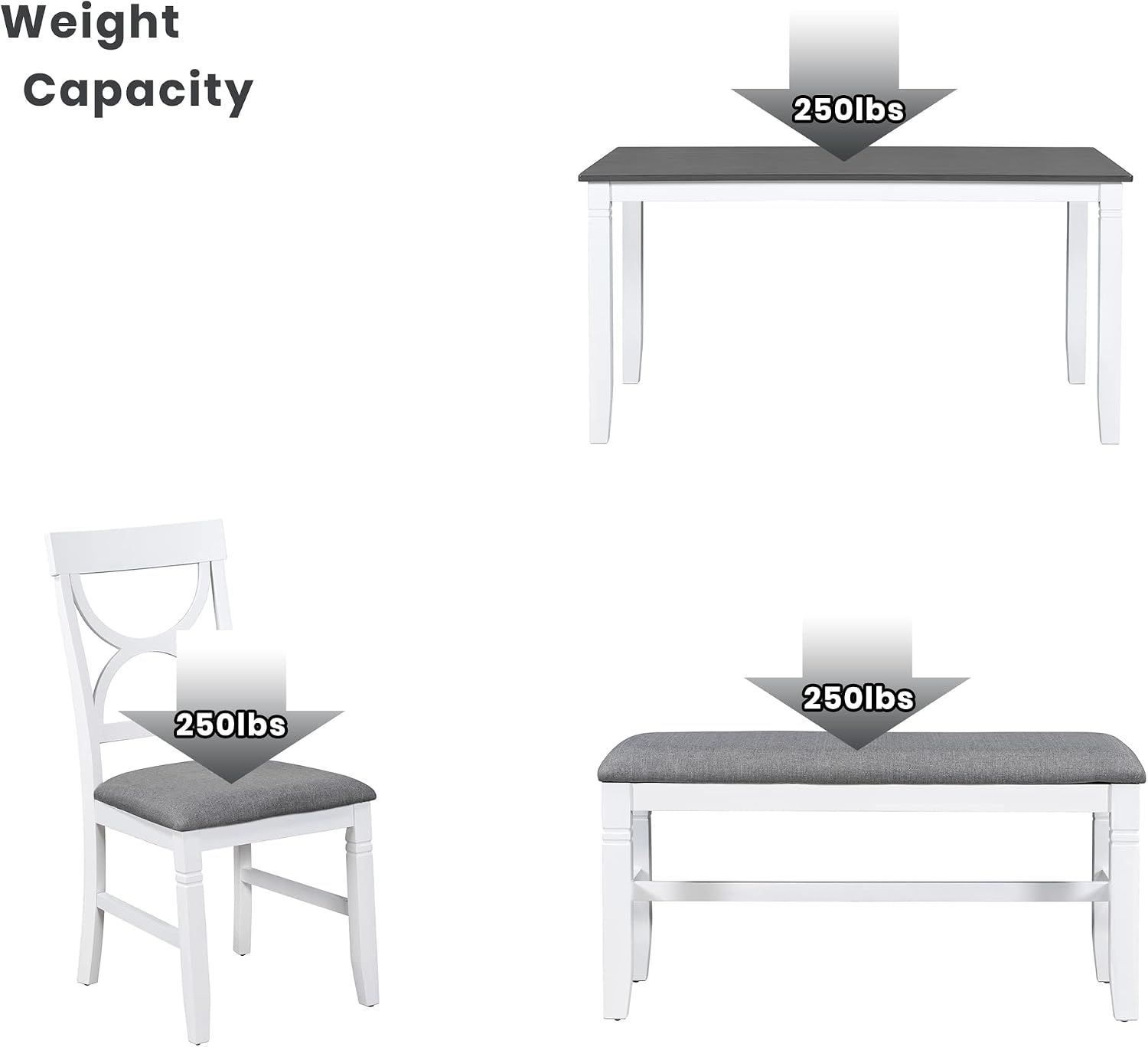 Farmhouse 6-Piece Dining Table Set, Wood Kitchen Dining Room Table Set with Upholstered Bench and 4 Dining Chairs, 60'' Rectangle Dining Table with Decoration Legs, Perfect for Family (White-K)