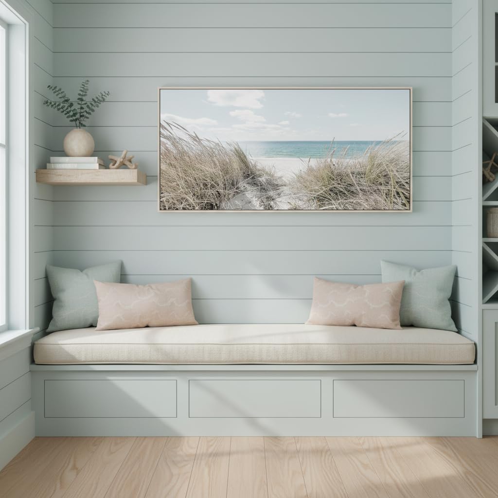 Beach Canvas Framed Wall Art: Large Coastal Seascape Picture Decor Ocean Scene Sea Print Painting Modern Seaside Seashore Grass Artwork for Bedroom Living Room Office