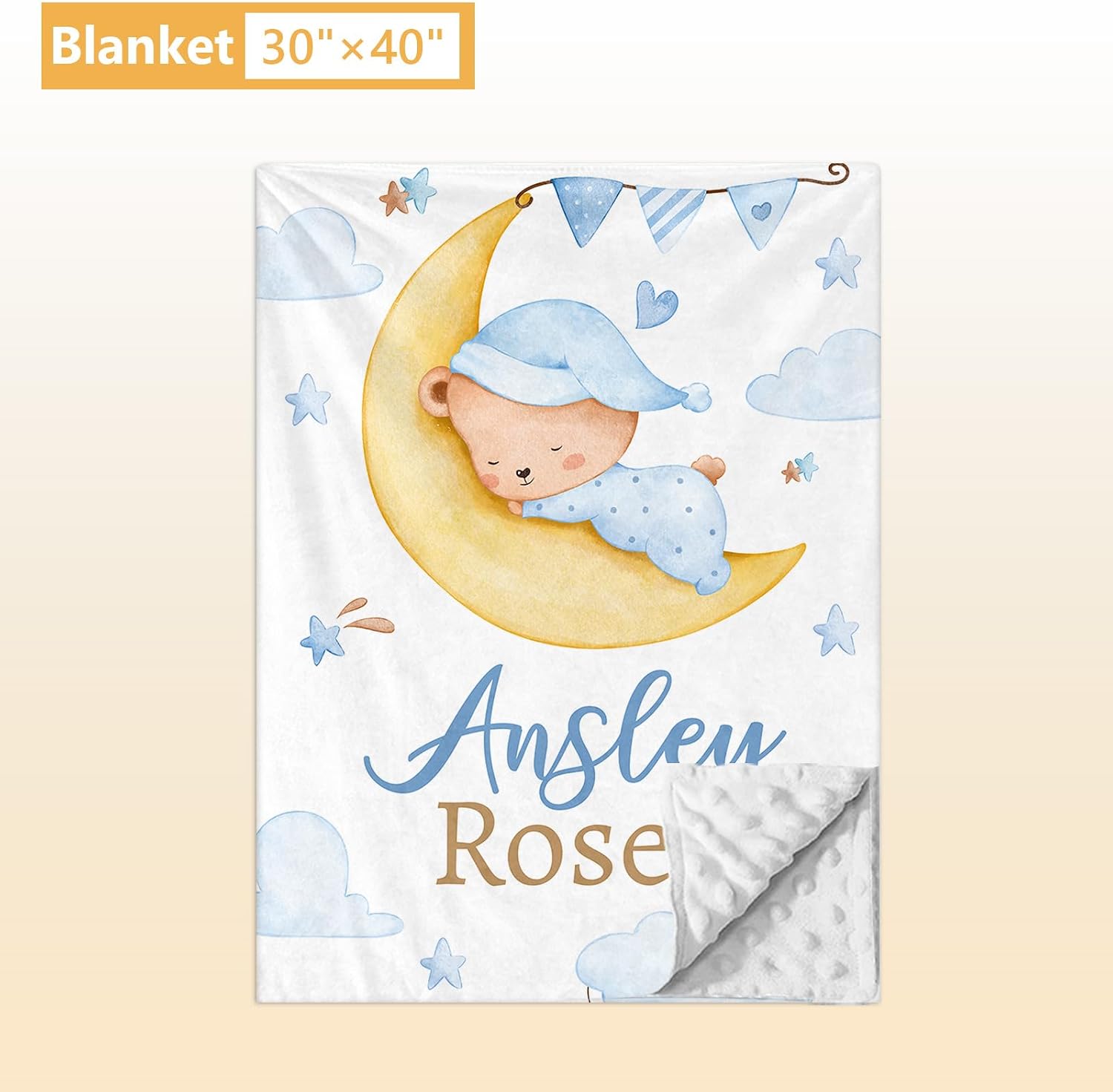 Terwex Personalized Baby Crib Bedding Set, 5 Pcs Custom Name Baby Crib Set with Double Layer Blanket, Soft Blue Moon Bear Nursery Bedding Set for Girls Boys, Customized Gifts for Toddlers Infants