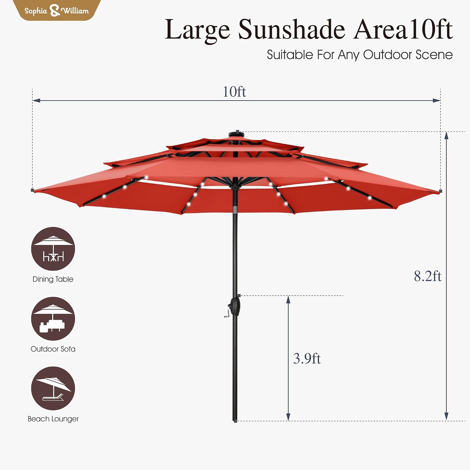 Sophia & William 10ft Patio Umbrellas 3-Tier Umbrella Outdoor Patio Umbrellas with Lights Vented Top 24 LED lights Adjustable Tilt for Pool Garden Backyard, Red