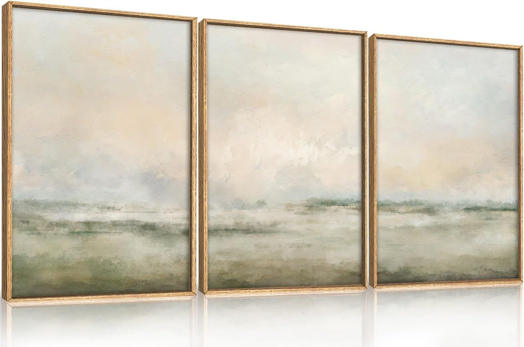 Abstract Beige Green Landscape Framed Canvas Wall Art Set, Watercolor Natural Tan Wall Decor, Minimalist Neutral Modern Scenery Artwork for Living Room, Bedroom,Farmhouse- 24'x36'x3