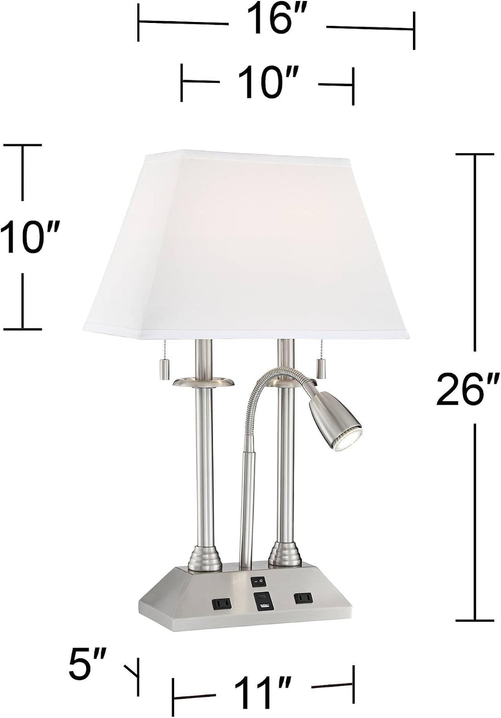 Possini Euro Design Dexter 26' High Modern Table Lamp with USB Charging Ports A+C and AC Power Outlet in Base Brushed Nickel LED Reading Light White Linen Shade Bedroom Living Room House Desk