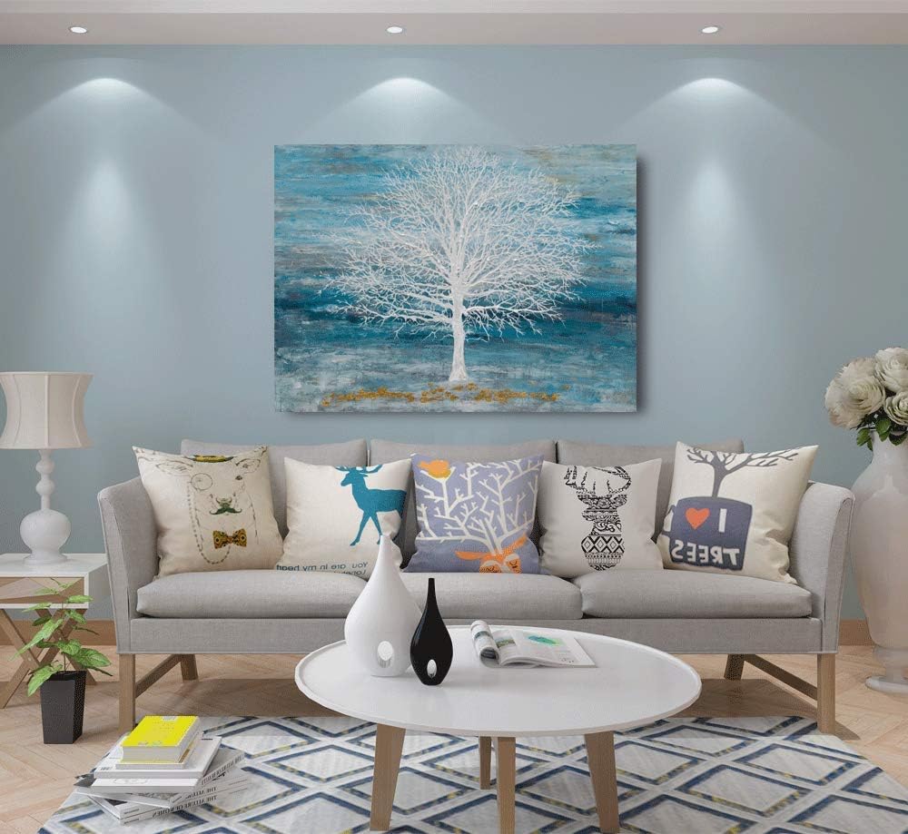 Yihui Arts Canvas Art Wall Decor, White Birch Trees Landscape Picture Painting, Modern Nature Teal Artwork Prints, Large Size Framed for Home Decor