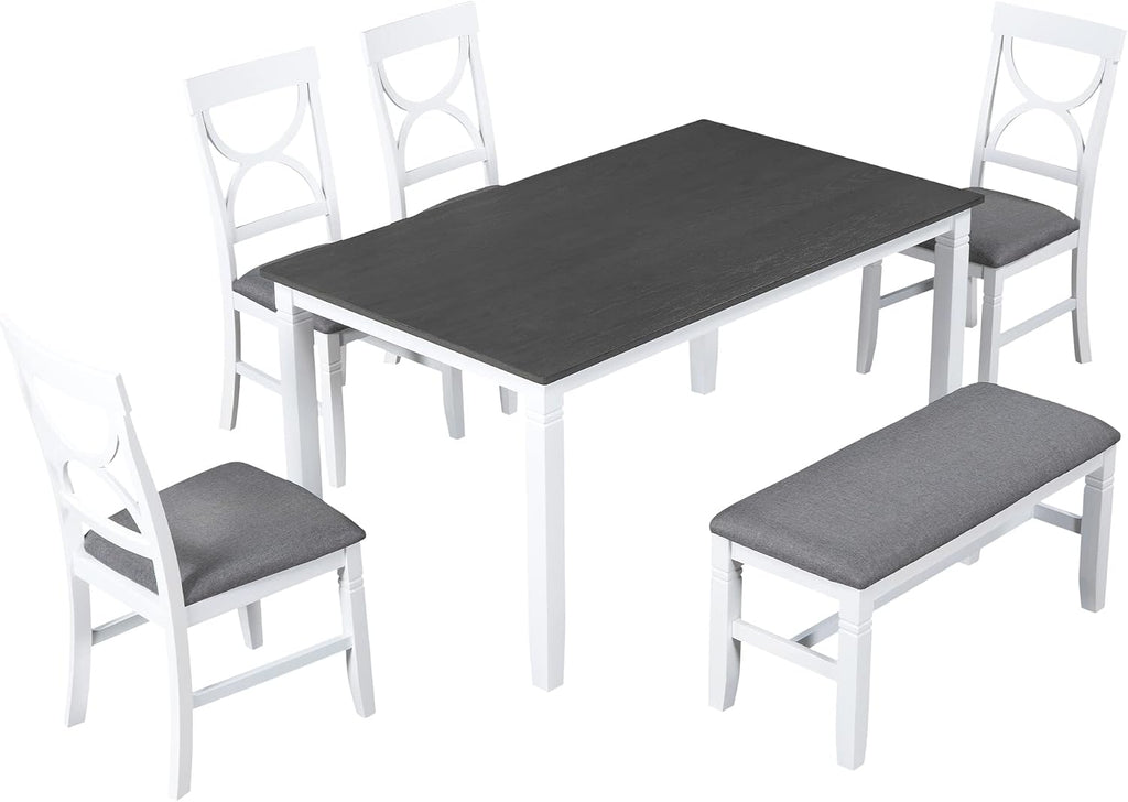 Farmhouse 6-Piece Dining Table Set, Wood Kitchen Dining Room Table Set with Upholstered Bench and 4 Dining Chairs, 60'' Rectangle Dining Table with Decoration Legs, Perfect for Family (White-K)