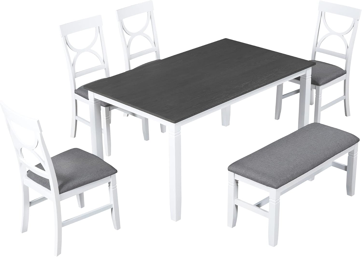 Farmhouse 6-Piece Dining Table Set, Wood Kitchen Dining Room Table Set with Upholstered Bench and 4 Dining Chairs, 60'' Rectangle Dining Table with Decoration Legs, Perfect for Family (White-K)